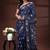 Navy blue silk blend kantha saree with white floral vine nakshi pallu