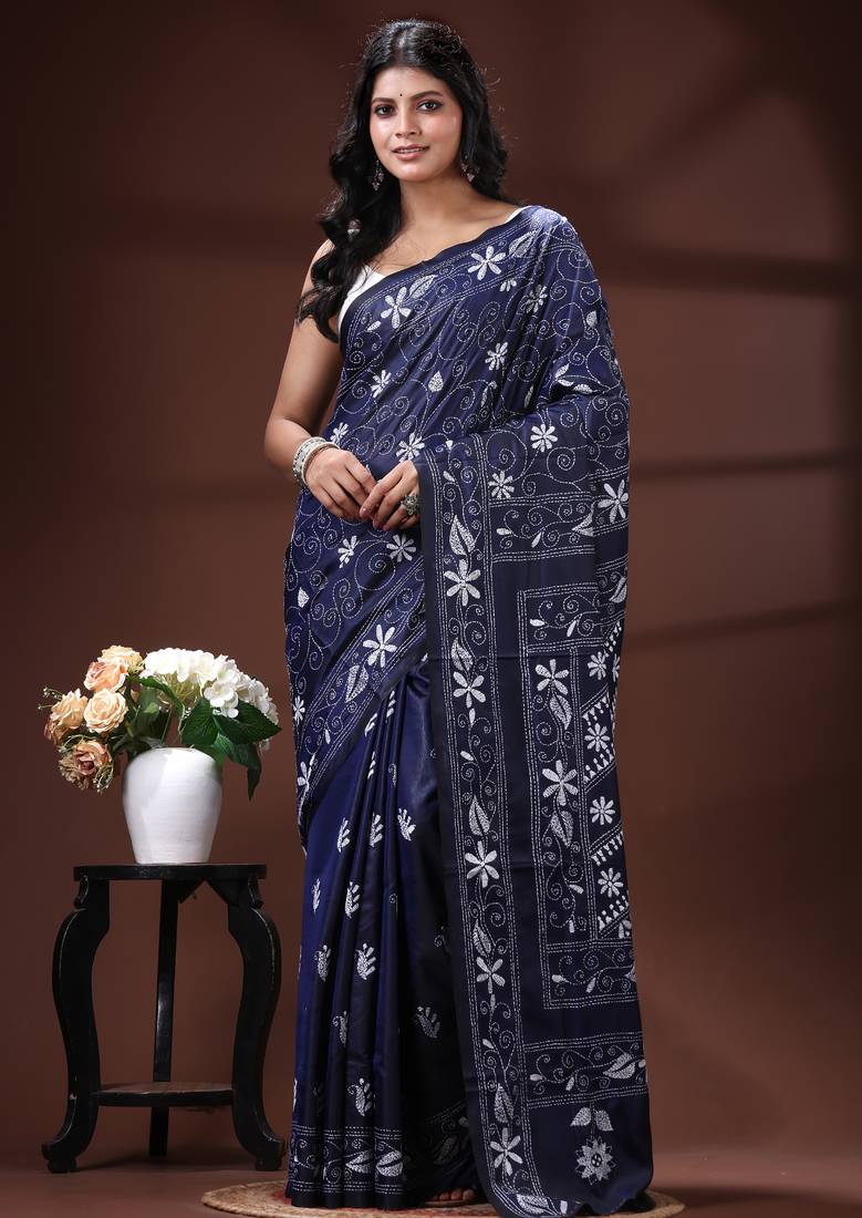 Navy blue silk blend kantha saree with white floral vine nakshi pallu