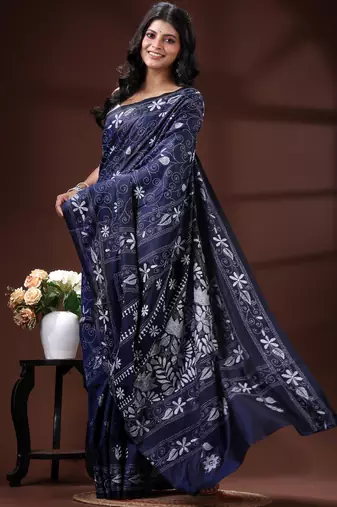 Navy blue silk blend kantha saree with white floral vine nakshi pallu