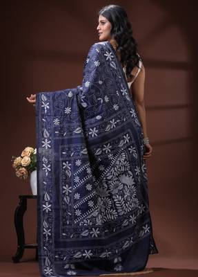Navy blue silk blend kantha saree with white floral vine nakshi pallu 3