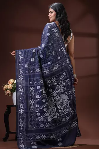 Navy blue silk blend kantha saree with white floral vine nakshi pallu