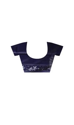 Navy blue silk blend kantha saree with white floral vine nakshi pallu 4