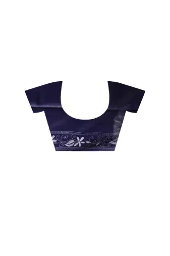 Navy blue silk blend kantha saree with white floral vine nakshi pallu
