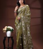 Olive green silk blend kantha saree with intricate white floral nakshi & scalloped pallu