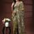 Olive green silk blend kantha saree with intricate white floral nakshi & scalloped pallu