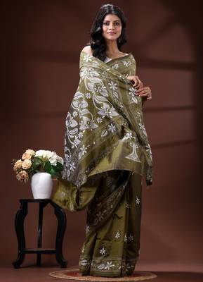 Olive green silk blend kantha saree with intricate white floral nakshi & scalloped pallu 2