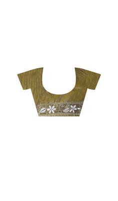 Olive green silk blend kantha saree with intricate white floral nakshi & scalloped pallu 4