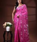 Vibrant rani pink silk blend kantha saree with intricate white floral nakshi & mandala pallu