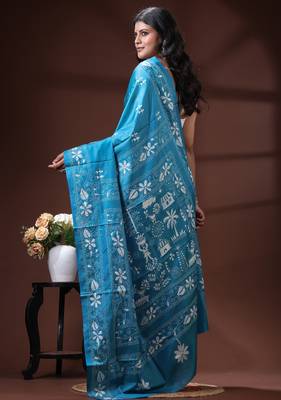 Turquoise blue silk blend kantha saree with white floral & folk art woven design 3