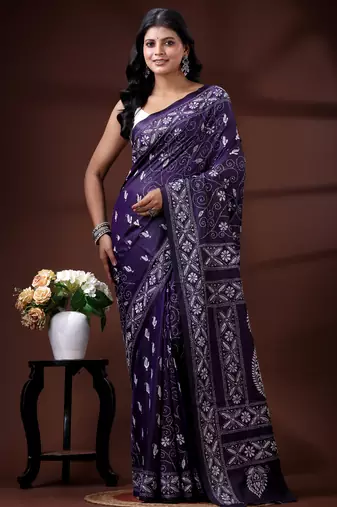 Royal purple silk blend kantha saree with silver paisley & floral woven design