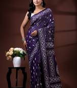 Royal purple silk blend kantha saree with silver paisley & floral woven design