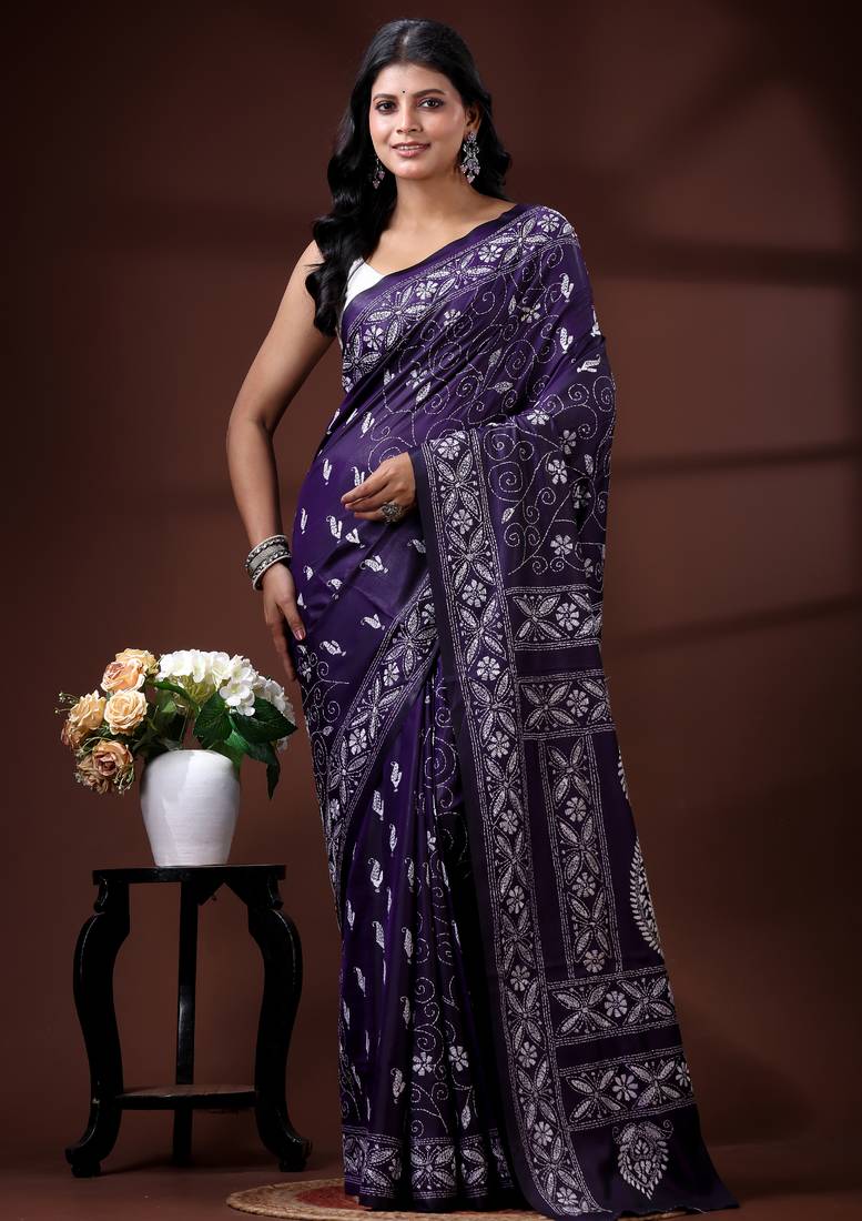 Royal purple silk blend kantha saree with silver paisley & floral woven design