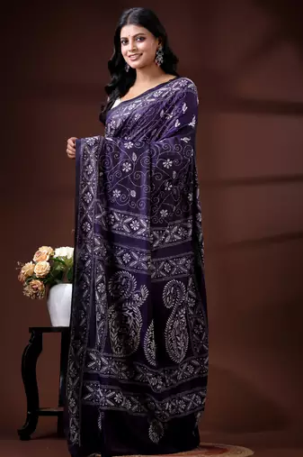 Royal purple silk blend kantha saree with silver paisley & floral woven design