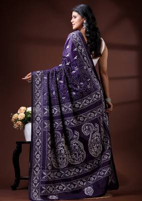 Royal purple silk blend kantha saree with silver paisley & floral woven design 3