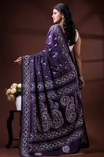 Royal purple silk blend kantha saree with silver paisley & floral woven design