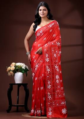 Vibrant red silk blend kantha saree with white floral & paisley woven design 1