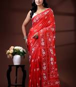 Vibrant red silk blend kantha saree with white floral & paisley woven design