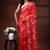 Vibrant red silk blend kantha saree with white floral & paisley woven design