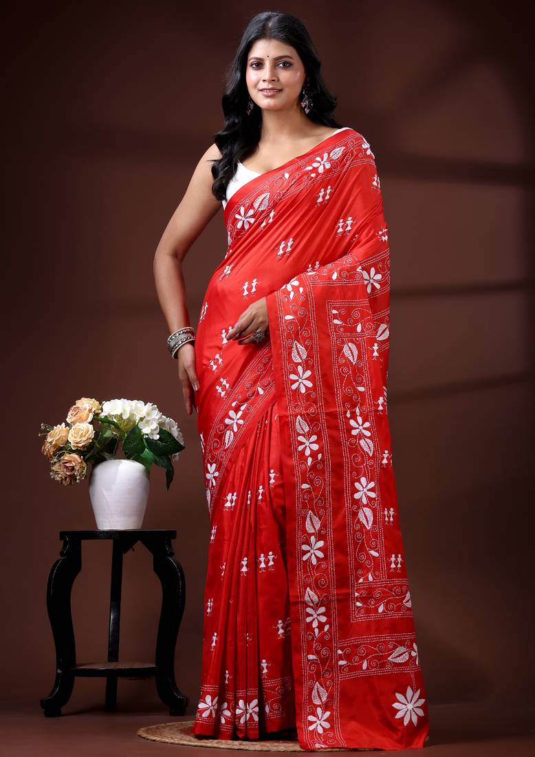 Vibrant red silk blend kantha saree with white floral & paisley woven design