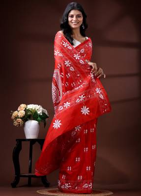 Vibrant red silk blend kantha saree with white floral & paisley woven design 2