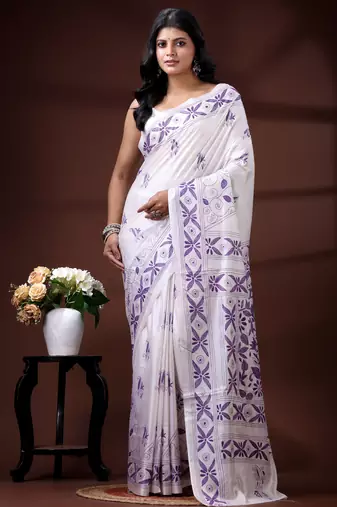  white silk blend kantha saree with lavender floral & woven design