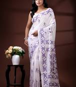  white silk blend kantha saree with lavender floral & woven design