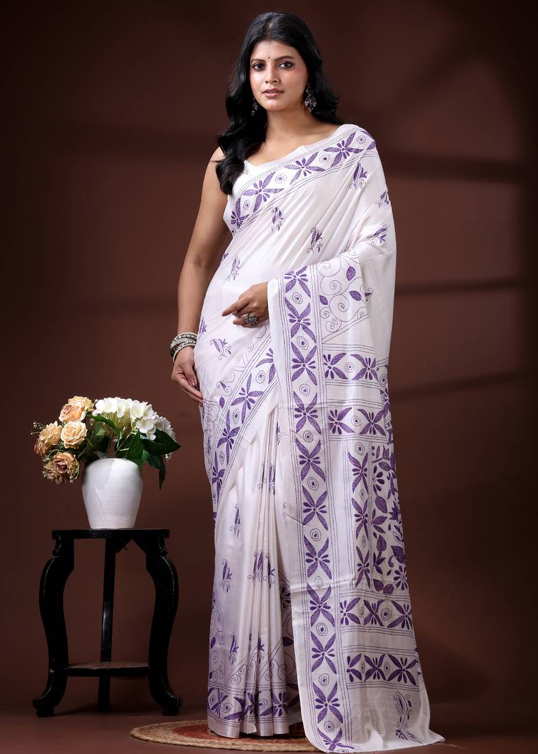  white silk blend kantha saree with lavender floral & woven design