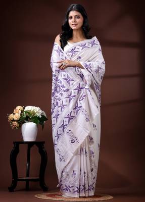  white silk blend kantha saree with lavender floral & woven design 2