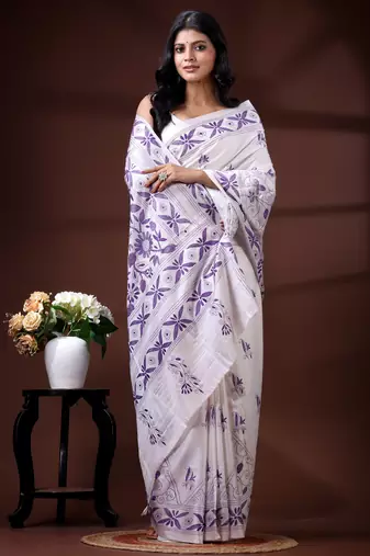  white silk blend kantha saree with lavender floral & woven design