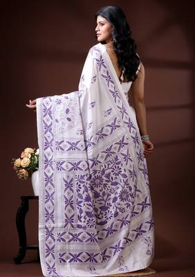  white silk blend kantha saree with lavender floral & woven design 3