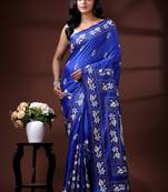 Royal blue silk blend kantha saree with fish motif & floral embroidery design