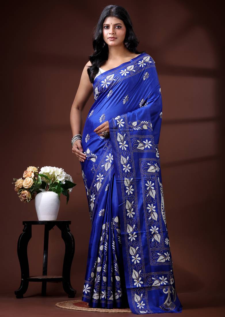 Royal blue silk blend kantha saree with fish motif & floral embroidery design
