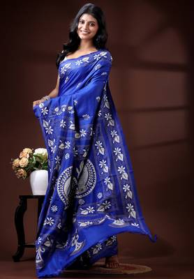 Royal blue silk blend kantha saree with fish motif & floral embroidery design 2