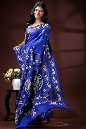 Royal blue silk blend kantha saree with fish motif & floral embroidery design