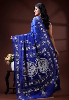 Royal blue silk blend kantha saree with fish motif & floral embroidery design 3