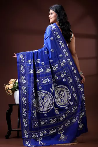 Royal blue silk blend kantha saree with fish motif & floral embroidery design