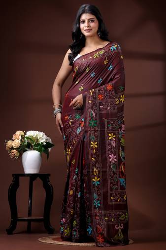 Coffee brown silk blend kantha saree with multicolored jewel-toned floral nakshi art