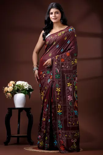 Coffee brown silk blend kantha saree with multicolored jewel-toned floral nakshi art