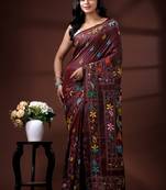 Coffee brown silk blend kantha saree with multicolored jewel-toned floral nakshi art