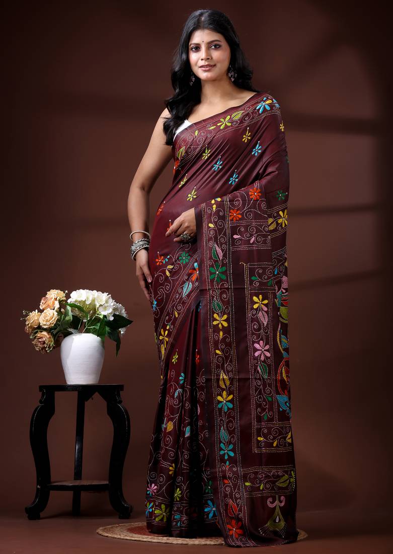 Coffee brown silk blend kantha saree with multicolored jewel-toned floral nakshi art