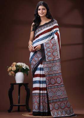 Earthy multicolor malmal cotton saree with block-print style borders and horizontal stripe body 1