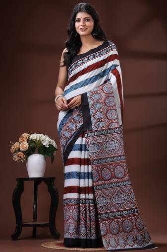 Earthy multicolor malmal cotton saree with block-print style borders and horizontal stripe body