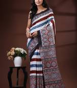 Earthy multicolor malmal cotton saree with block-print style borders and horizontal stripe body