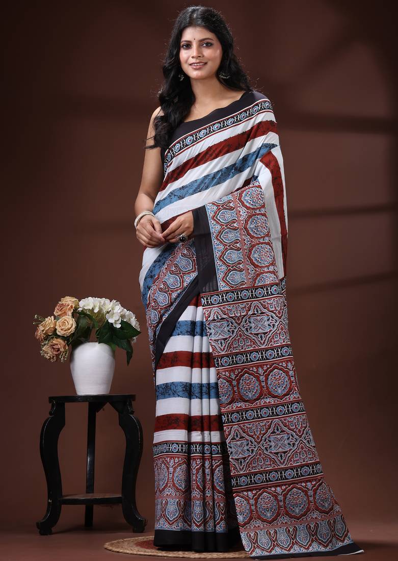 Earthy multicolor malmal cotton saree with block-print style borders and horizontal stripe body