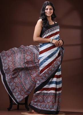 Earthy multicolor malmal cotton saree with block-print style borders and horizontal stripe body 2