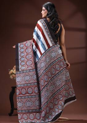 Earthy multicolor malmal cotton saree with block-print style borders and horizontal stripe body 3