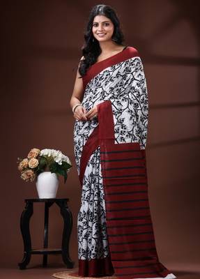 Maroon & monochrome malmal cotton saree with hand-block leaf prints and striped pallu 1