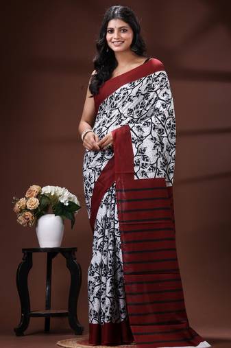 Maroon & monochrome malmal cotton saree with hand-block leaf prints and striped pallu