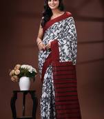 Maroon & monochrome malmal cotton saree with hand-block leaf prints and striped pallu