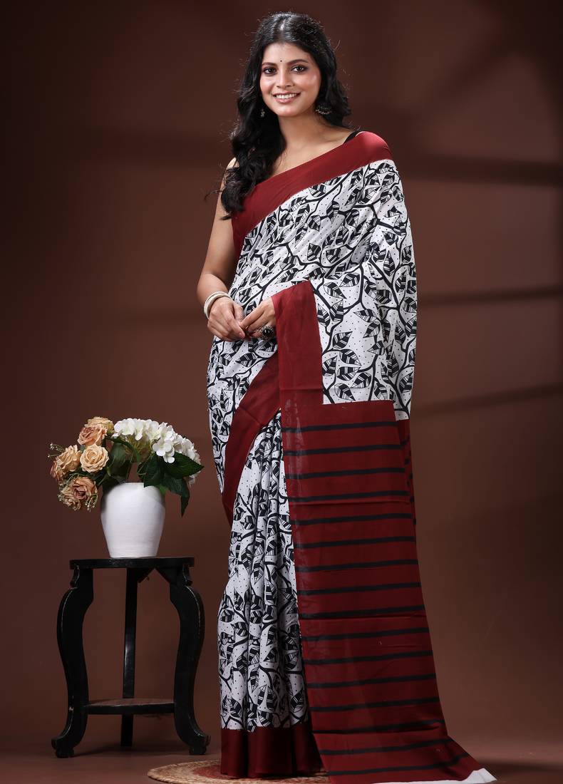 Maroon & monochrome malmal cotton saree with hand-block leaf prints and striped pallu